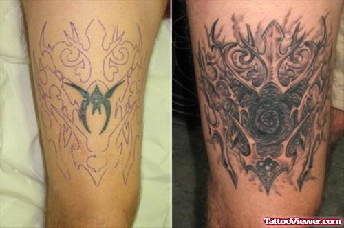 Grey Ink Biomechanical Tattoo On Thigh