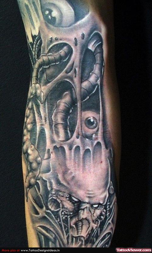 Grey Ink Biomechanical Tattoo For Men