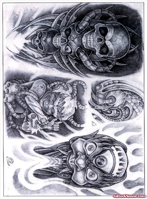 Grey Ink Biomechanical Skull Tattoos Designs