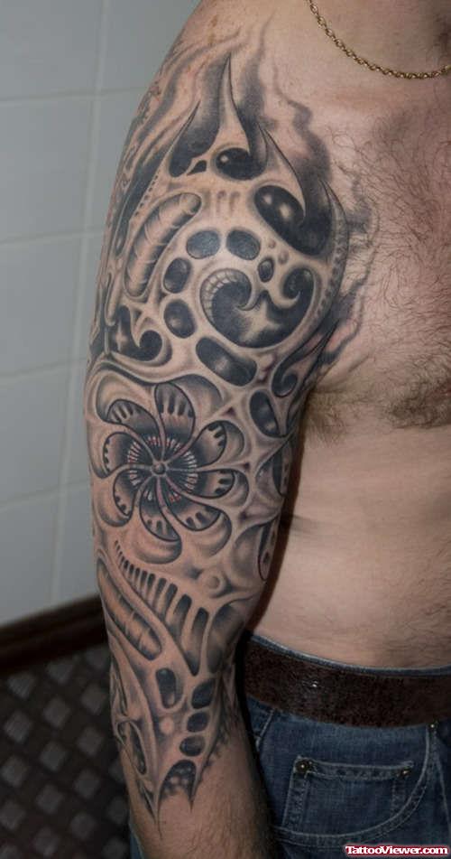 Grey Ink Biomechanical Right Sleeve Tattoo For Men
