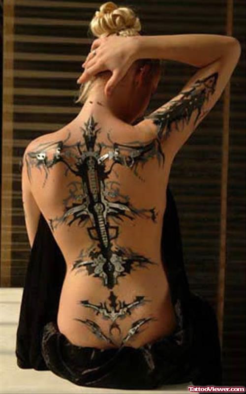 Girl Back Body Biomechanical Tattoo