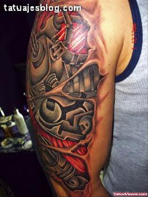 Colored Biomechanical Tattoo On Man Right Half Sleeve
