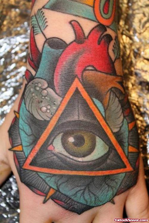 Biomechanical Heart eye Colored Tattoo On Hand