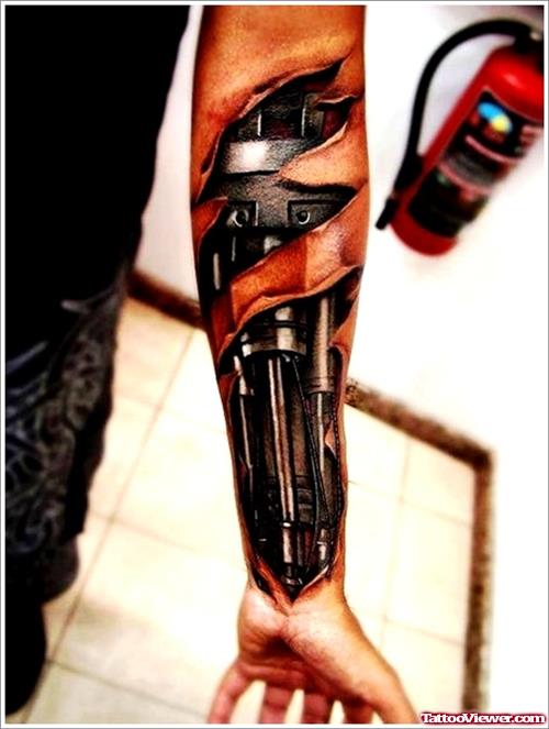 Biomechanical Black Ink Tattoo On Left Arm