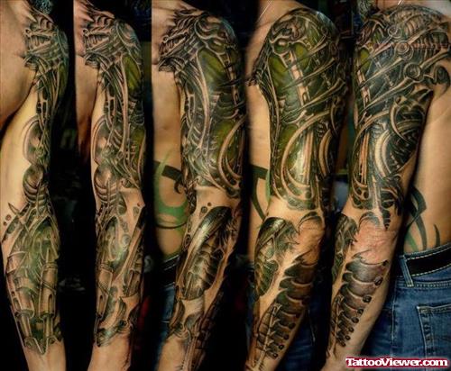 Man Left Sleeve Green Ink Biomechanical Tattoo