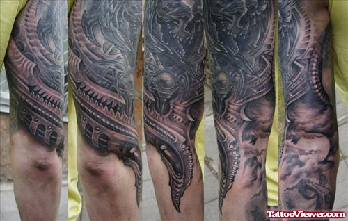 Grey Ink Biomechanical Tattoo On Sleeve