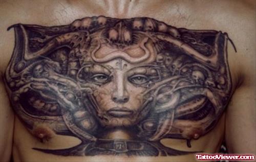 Latest Grey Ink Biomechanical Tattoo On Man Chest