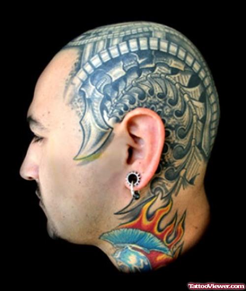 Grey Ink Biomechanical Tattoo On Man Head