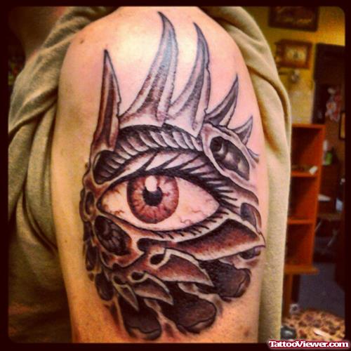 Grey Ink Biomechanical Eye Tattoo On Biceps