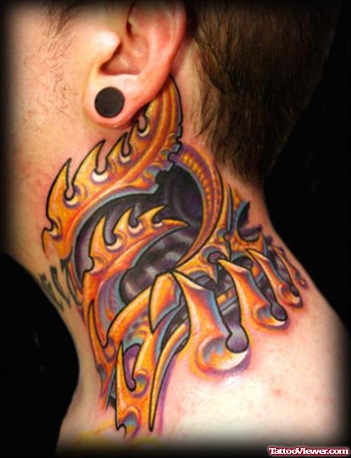 Colored Ink Biomechanical Tattoo On Neck