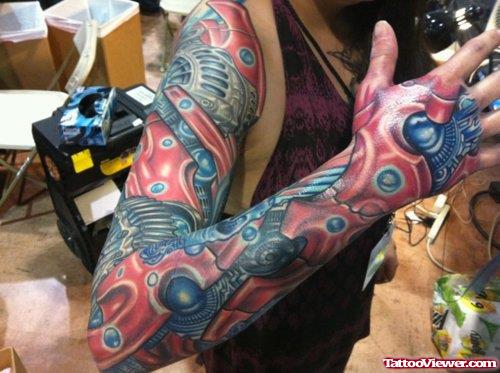 Colored Ink 3d Biomechanical Tattoo On Right Sleeve