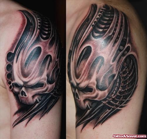 Biomechanical Grey Ink Left Shoulder Tattoo