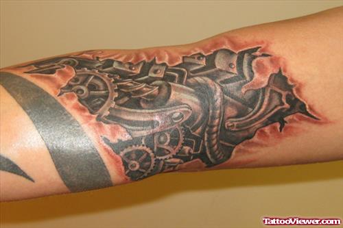 Biomechanical Grey Ink Arm Tattoo
