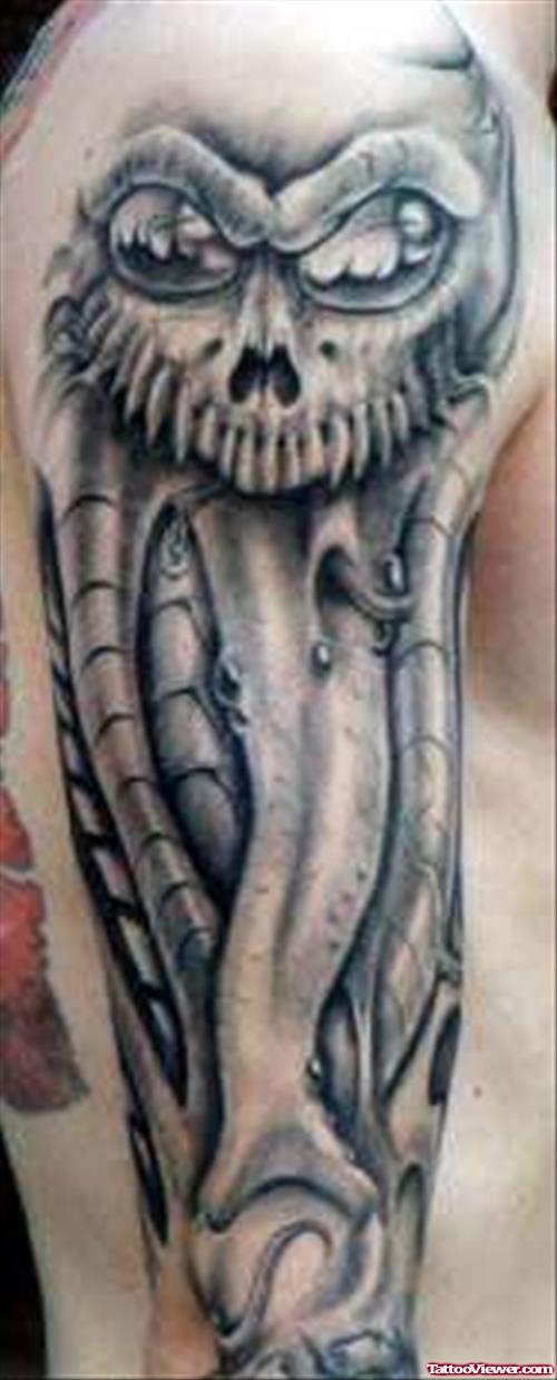 Best Grey Ink Biomechanical Tattoo On Right Sleeve