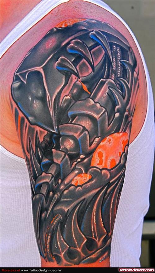 Attractive Biomechanical Tattoo On Man Left Half Sleeve
