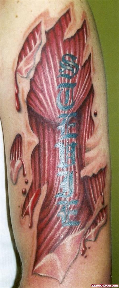 Torn Flesh Colored Ink Biomechanical Tattoo On Left Half Sleeve