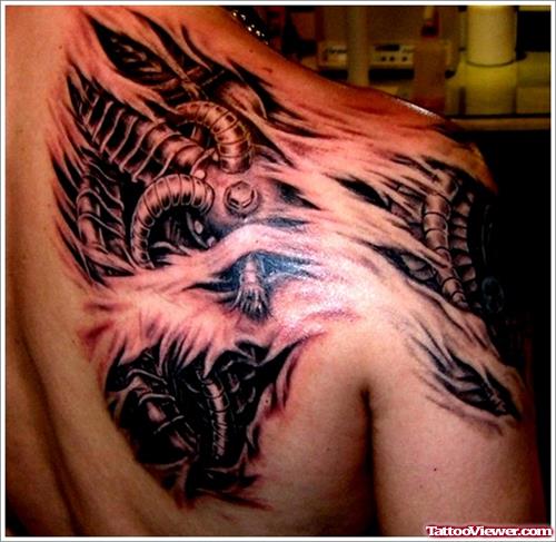 Grey Ink Biomechanical Tattoo On Man Right Back Shoulder