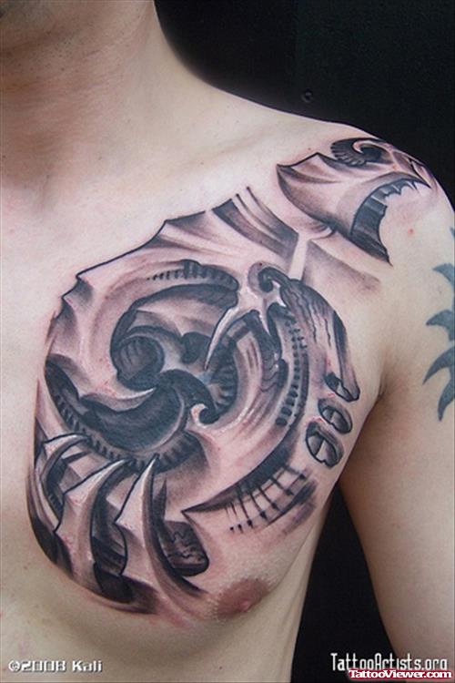 Grey Ink Biomechanical Tattoo On Man Left Chest