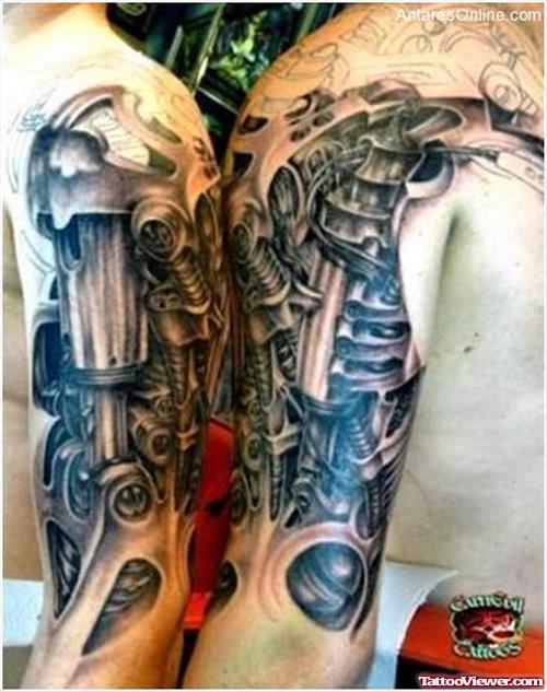 Grey Ink Biomechanical Tattoo On Half Sleeves For Men