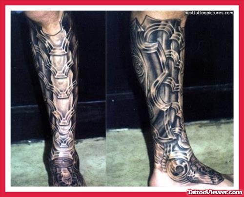 Dark Ink Biomechanical Leg Tattoo