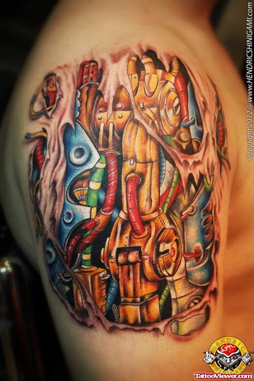 Colored Ink Biomechanical Tattoo On Man Right Shoulder