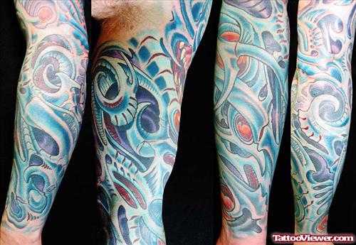 Blue Ink Left Sleeve Biomechanical Tattoo