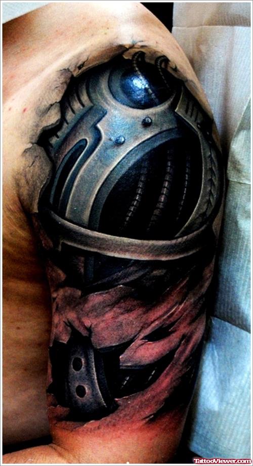 Biomechanical Tattoo On Man Left Half Sleeve