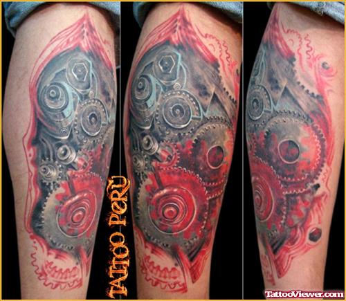 Biomechanical Tattoo On Back Leg
