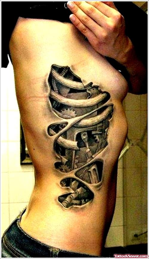 Biomechanical Grey Ink Rib Side Tattoo For Girls