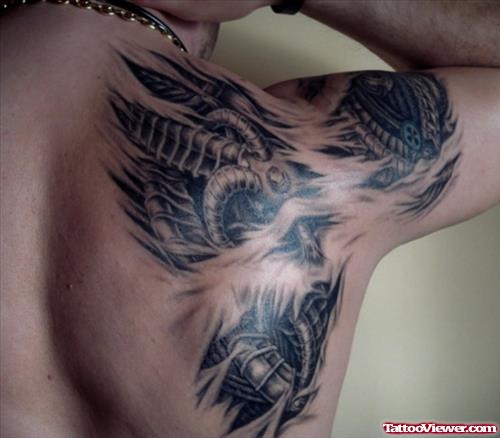 Best Grey Ink Biomechanical Tattoo On Right Back Shoulder