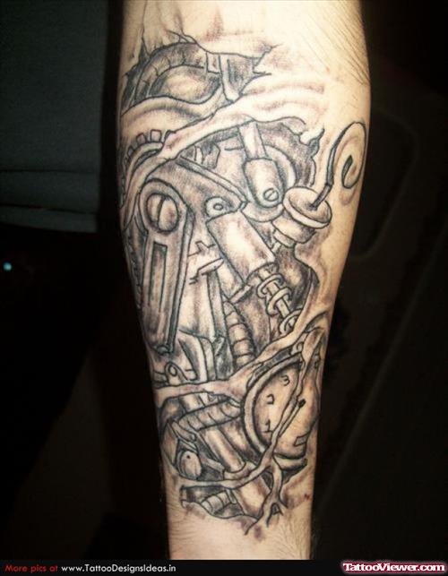 Grey ink Biomechanical Left Arm Tattoo