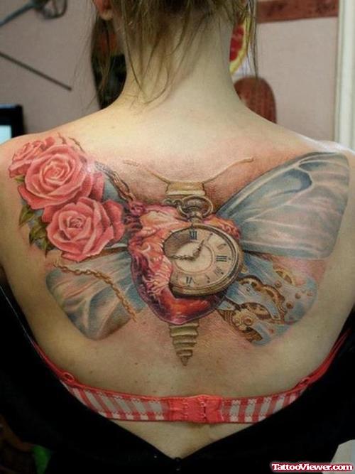 Pink Roses, Butterfly And Biomechanical Pocket Watch Tattoo On Back