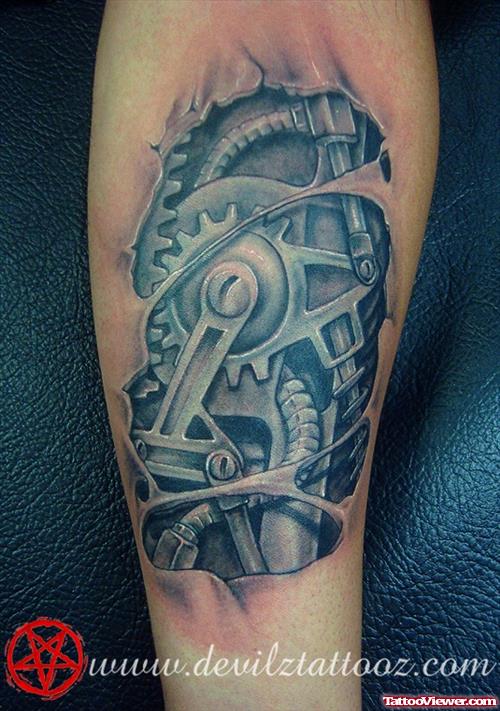 Latest Grey Ink Biomechanical Tattoo On Arm