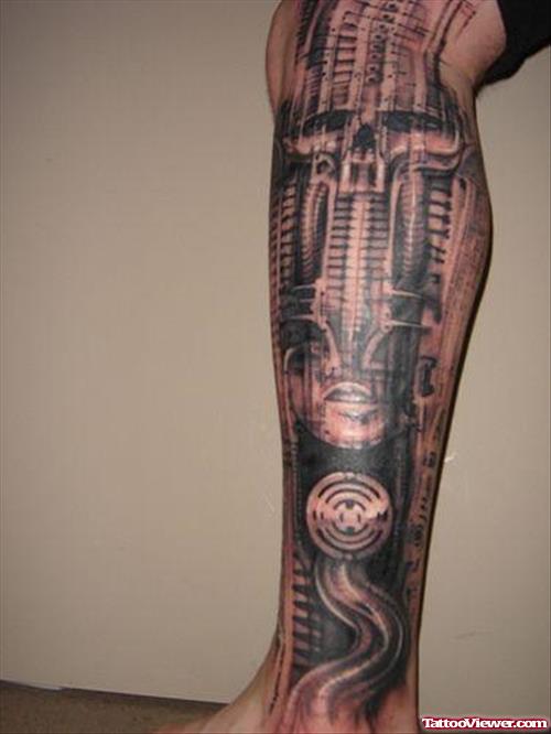 Dark Ink Biomechanical Tattoo On Left Leg