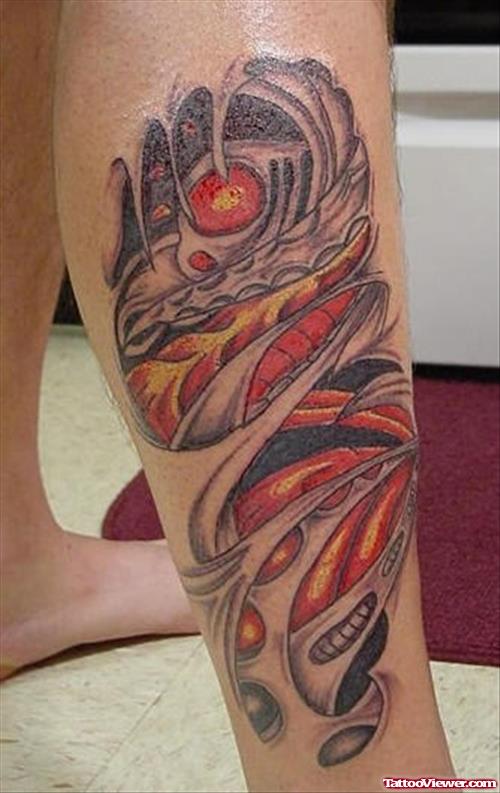 Colored Ink Biomechanical Tattoo On Right Leg
