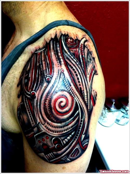 Biomechanical Tattoo On Man Left Shoulder