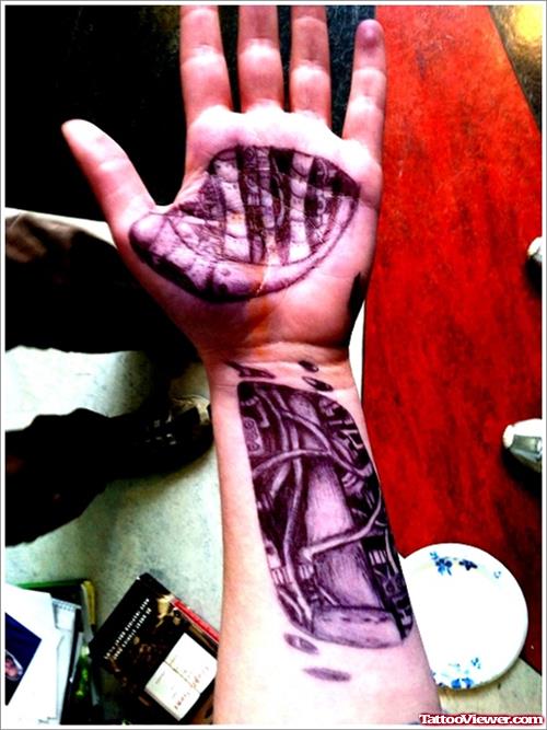 Biomechanical Tattoo On Left Arm And Hand