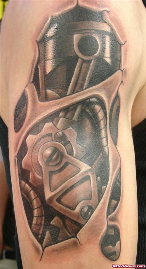 Biomechanical Grey Ink Tattoo On Right Half Sleeve