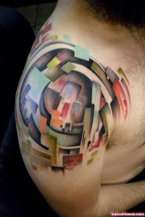 Biomechanical Colored Tattoo On Right Shoulder