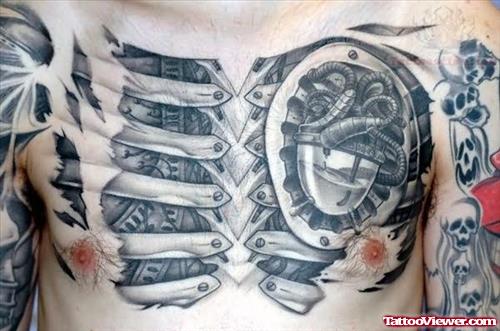 Amazing Grey Ink Biomechanical Tattoo On Man Chest
