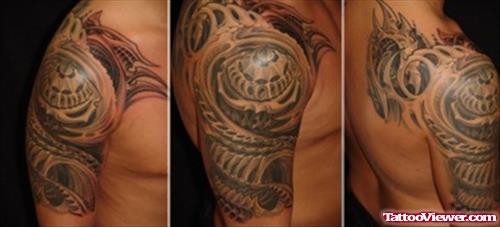 Special Grey Ink Biomechanical Tattoo On Right Half Sleeve