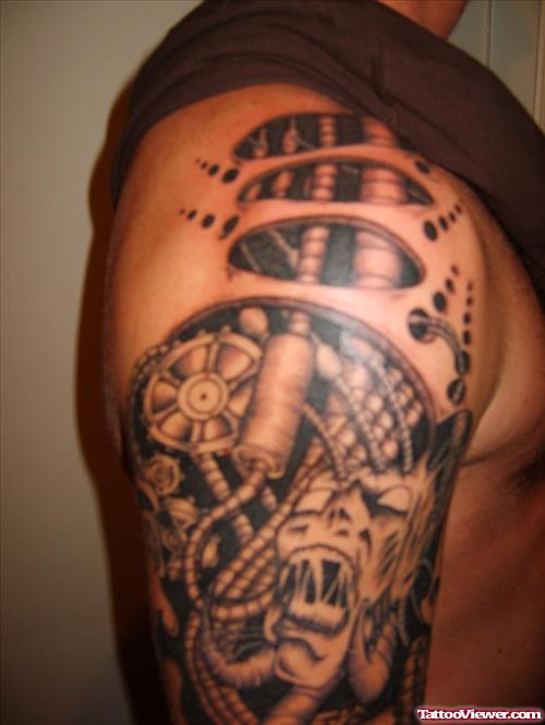 Right Shoulder Grey Ink Biomechanical Tattoo