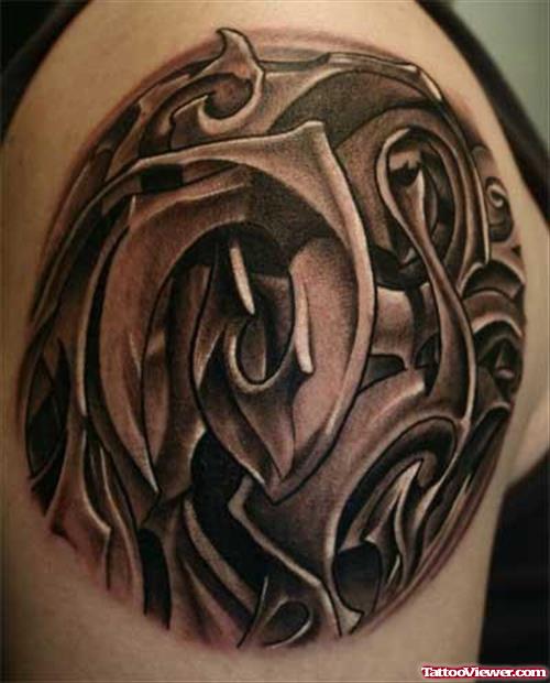 Grey Ink Biomechanical Shoulder Tattoo