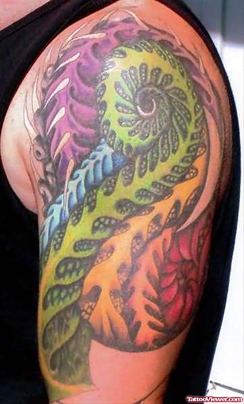 Good Colored Biomechanical Tattoo On Left Half Sleeve