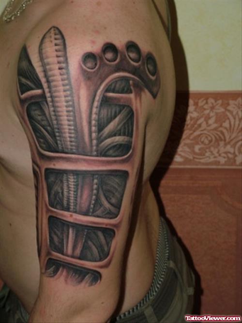 Biomechanical Grey Ink Tattoo On Left Half Sleeve