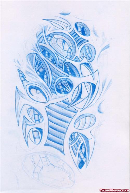 Biomechanical Blue Ink Tattoo Design