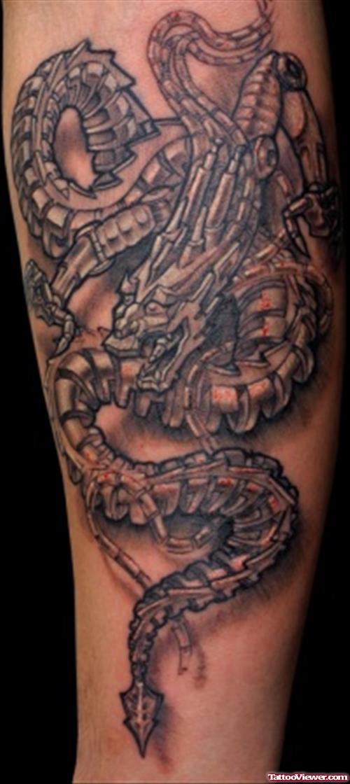 Grey Ink Biomechanical Dragon Tattoo