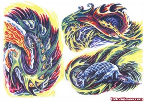 Colored Ink Biomechanical Tattoo Designs