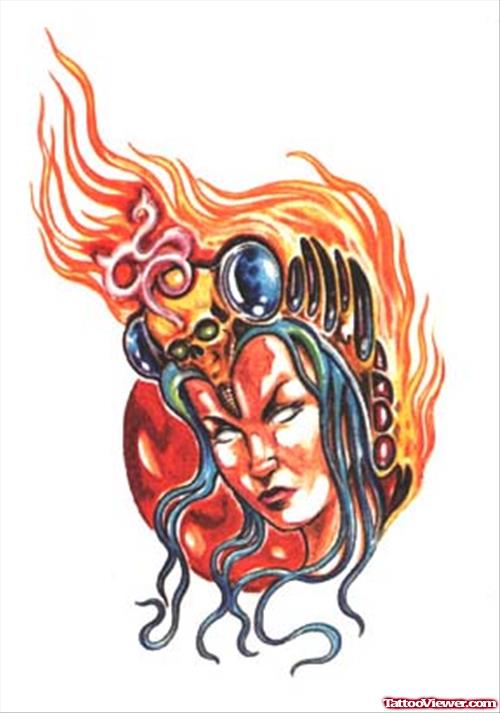 Biomechanical Flaming Girl Head Tattoo Design