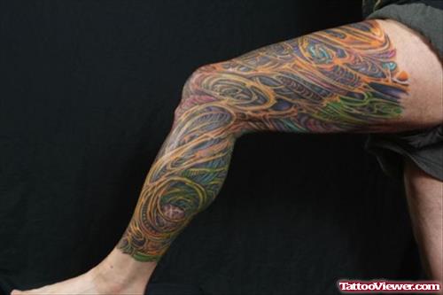 Best Colored Biomechanical Tattoo On Left Leg